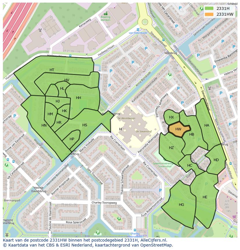 Afbeelding van het postcodegebied 2331 HW op de kaart.
