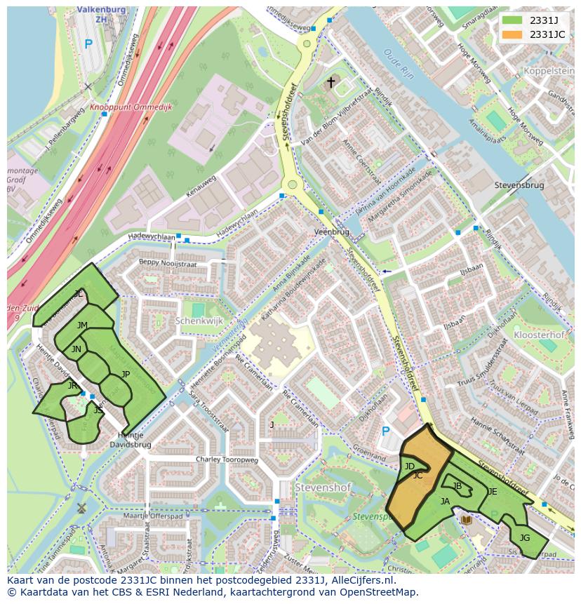 Afbeelding van het postcodegebied 2331 JC op de kaart.