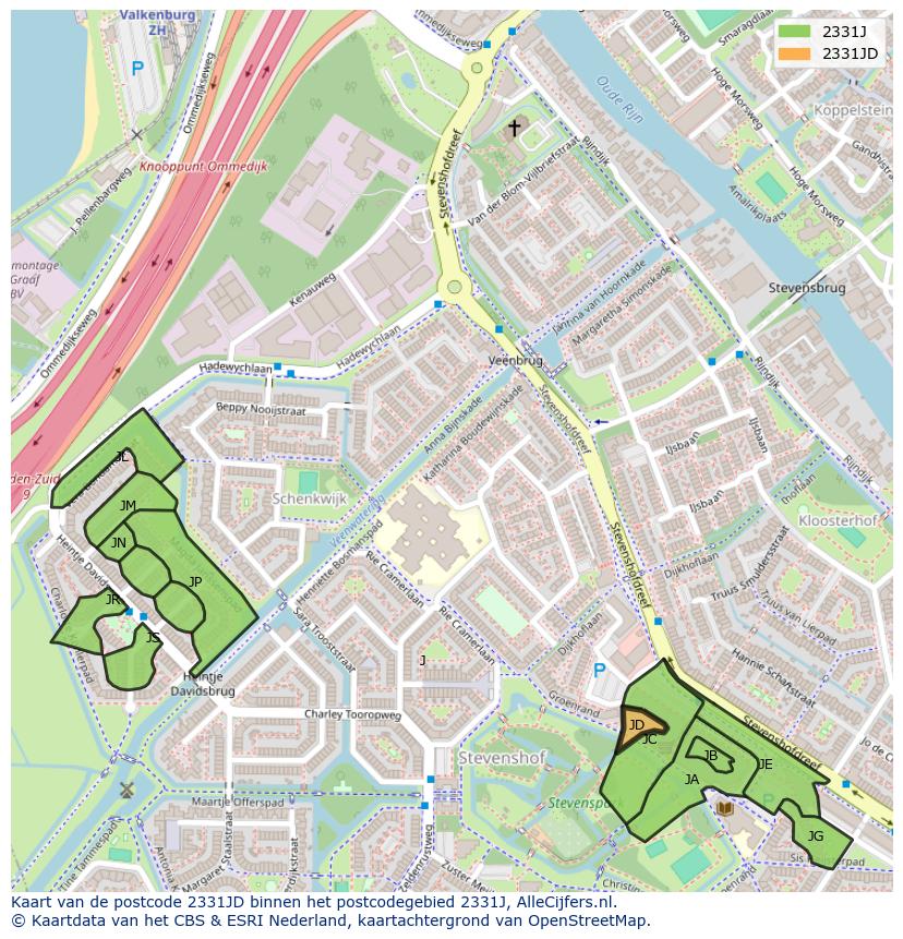 Afbeelding van het postcodegebied 2331 JD op de kaart.