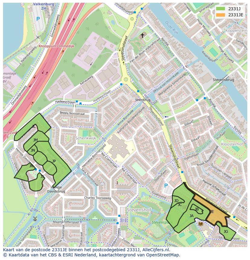 Afbeelding van het postcodegebied 2331 JE op de kaart.