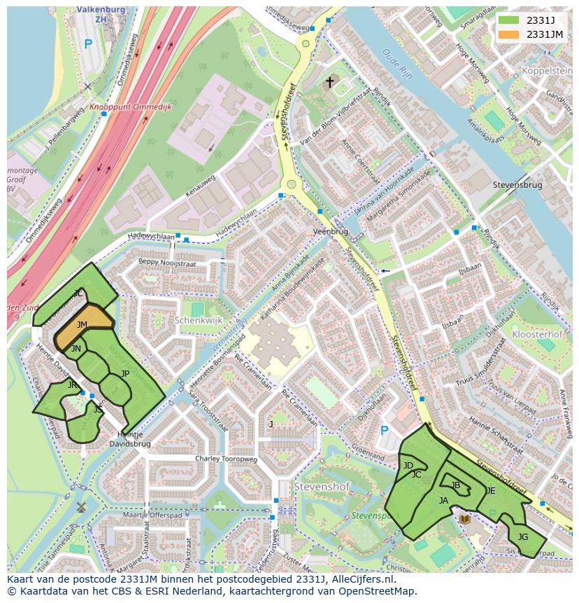 Afbeelding van het postcodegebied 2331 JM op de kaart.