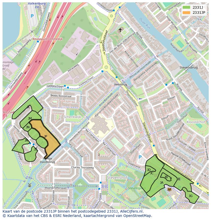 Afbeelding van het postcodegebied 2331 JP op de kaart.