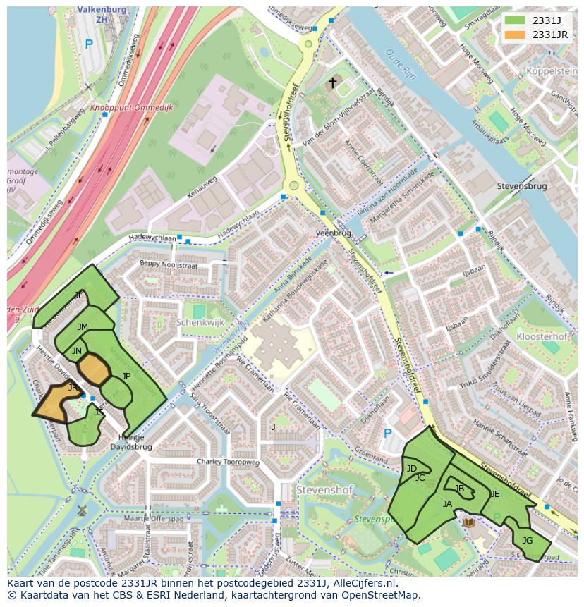 Afbeelding van het postcodegebied 2331 JR op de kaart.