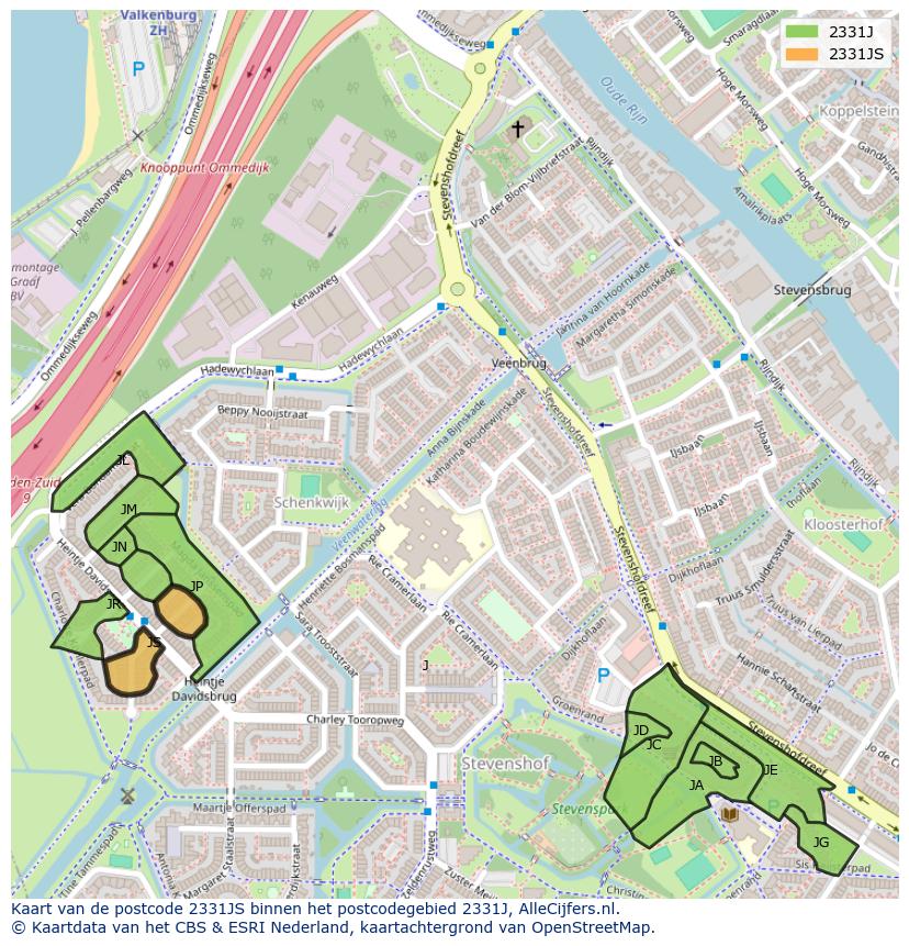 Afbeelding van het postcodegebied 2331 JS op de kaart.