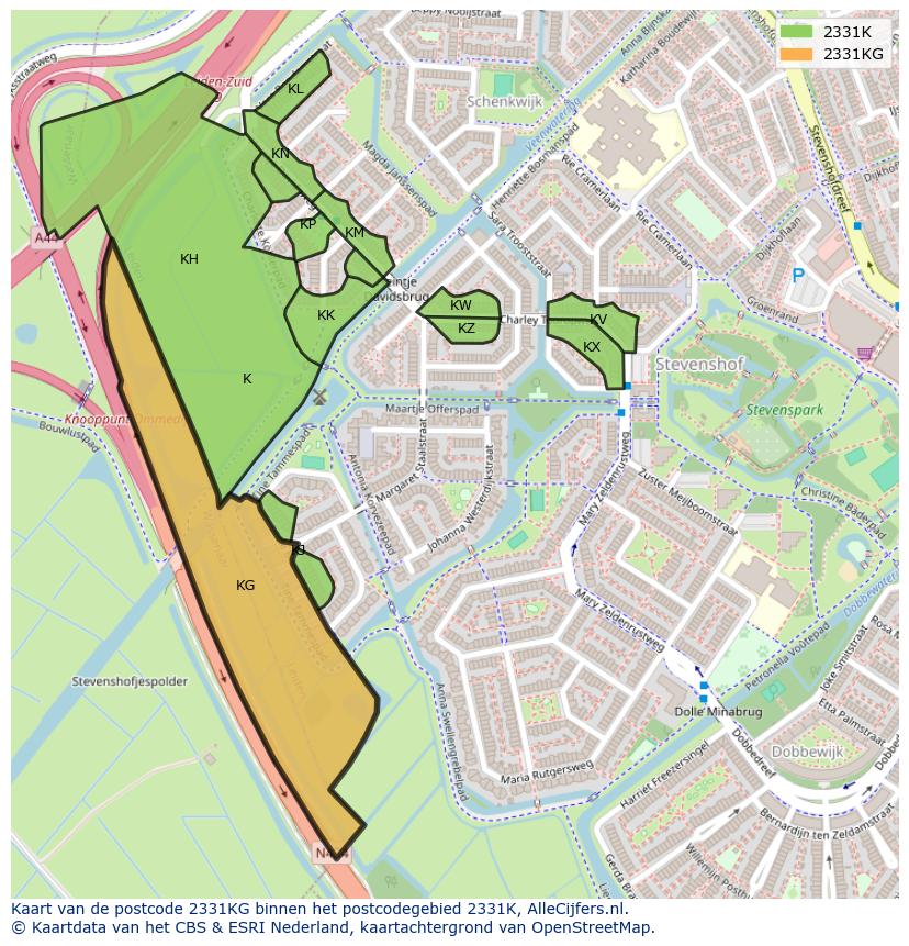 Afbeelding van het postcodegebied 2331 KG op de kaart.