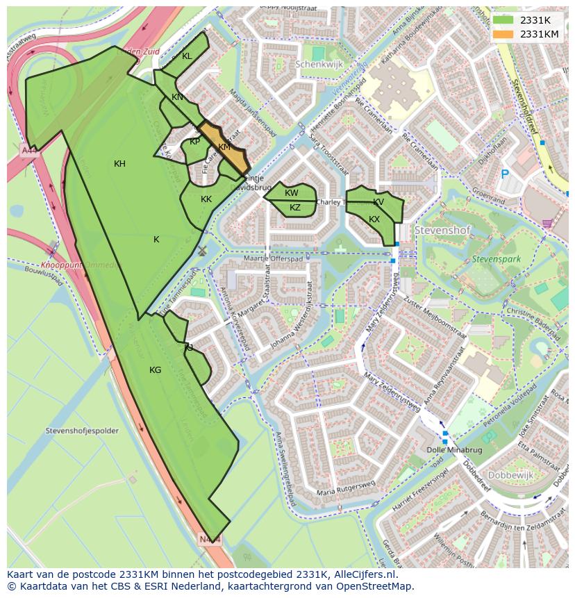 Afbeelding van het postcodegebied 2331 KM op de kaart.