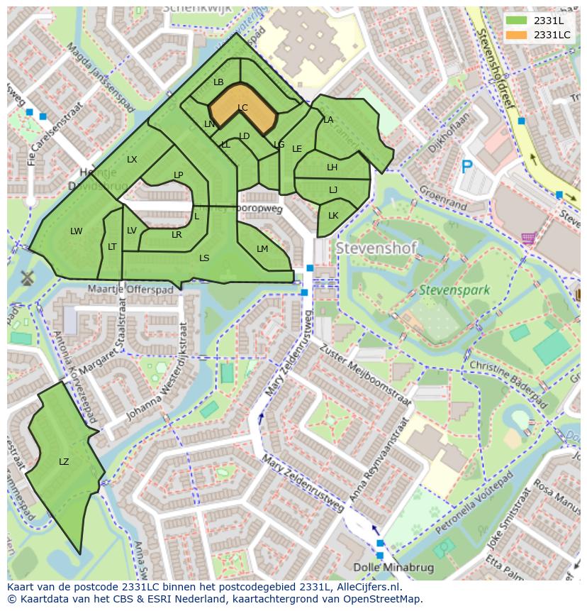 Afbeelding van het postcodegebied 2331 LC op de kaart.