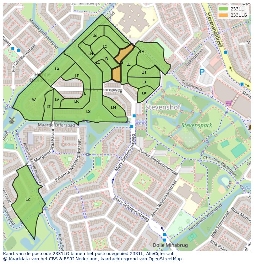 Afbeelding van het postcodegebied 2331 LG op de kaart.