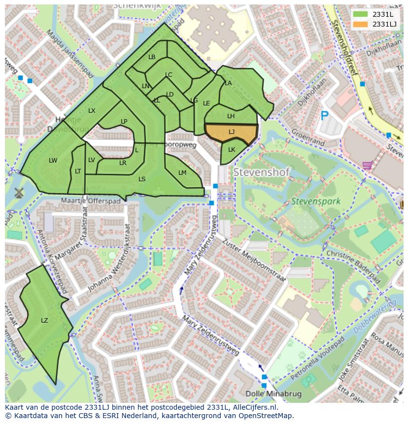 Afbeelding van het postcodegebied 2331 LJ op de kaart.