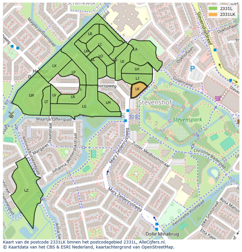Afbeelding van het postcodegebied 2331 LK op de kaart.