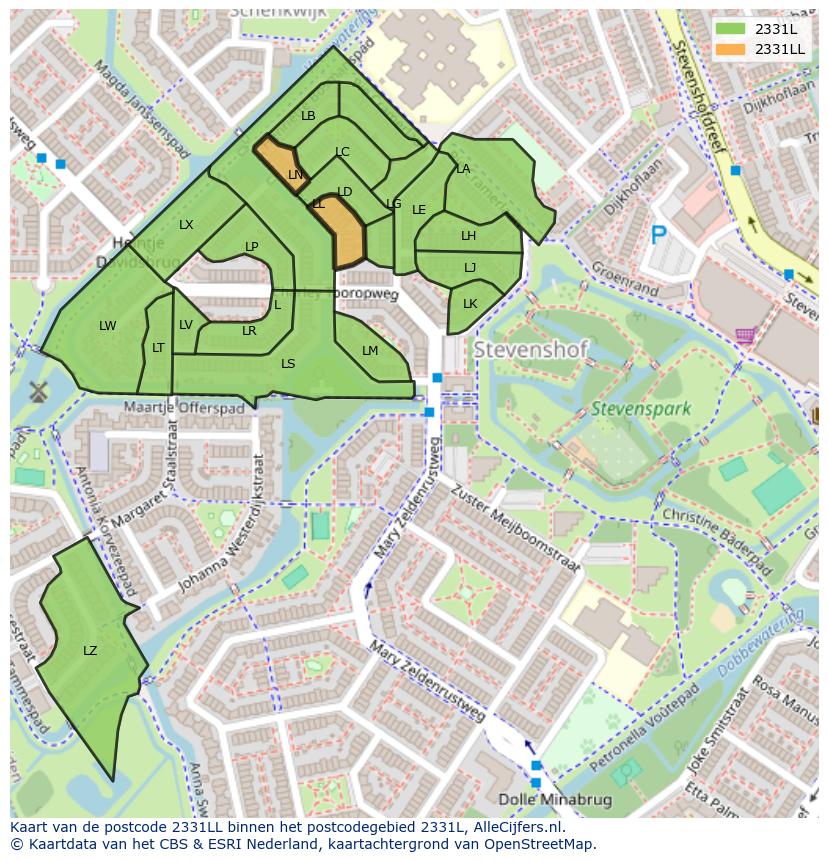 Afbeelding van het postcodegebied 2331 LL op de kaart.