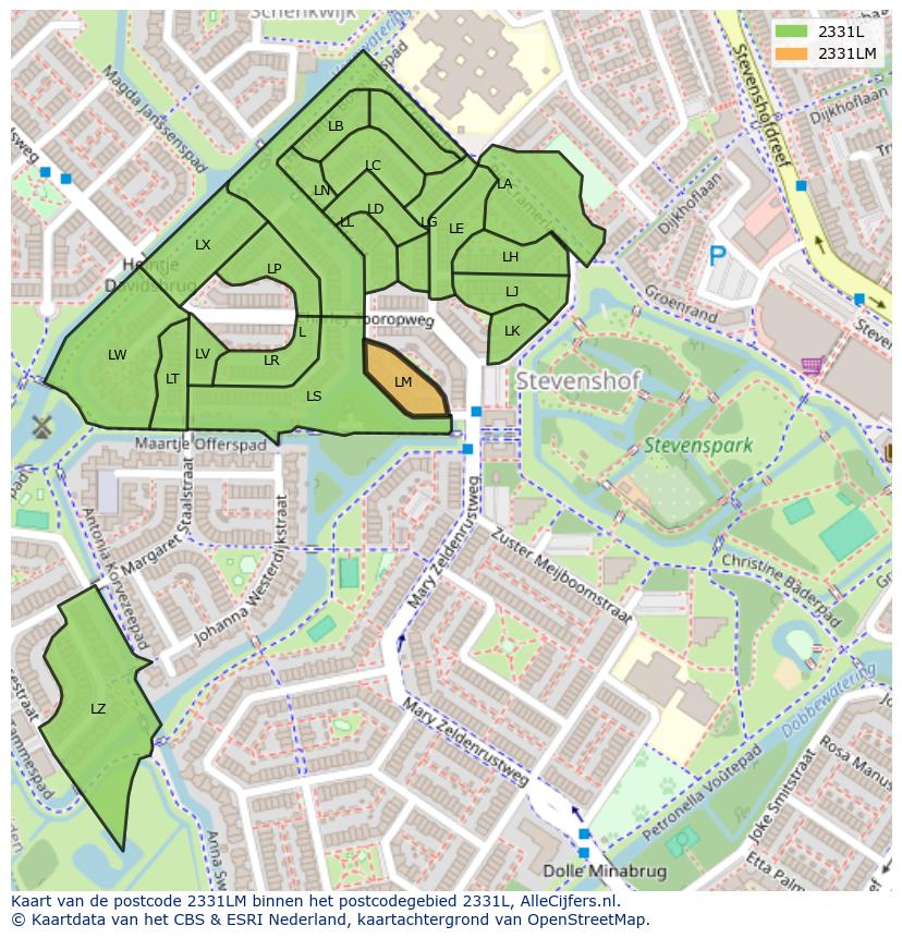 Afbeelding van het postcodegebied 2331 LM op de kaart.