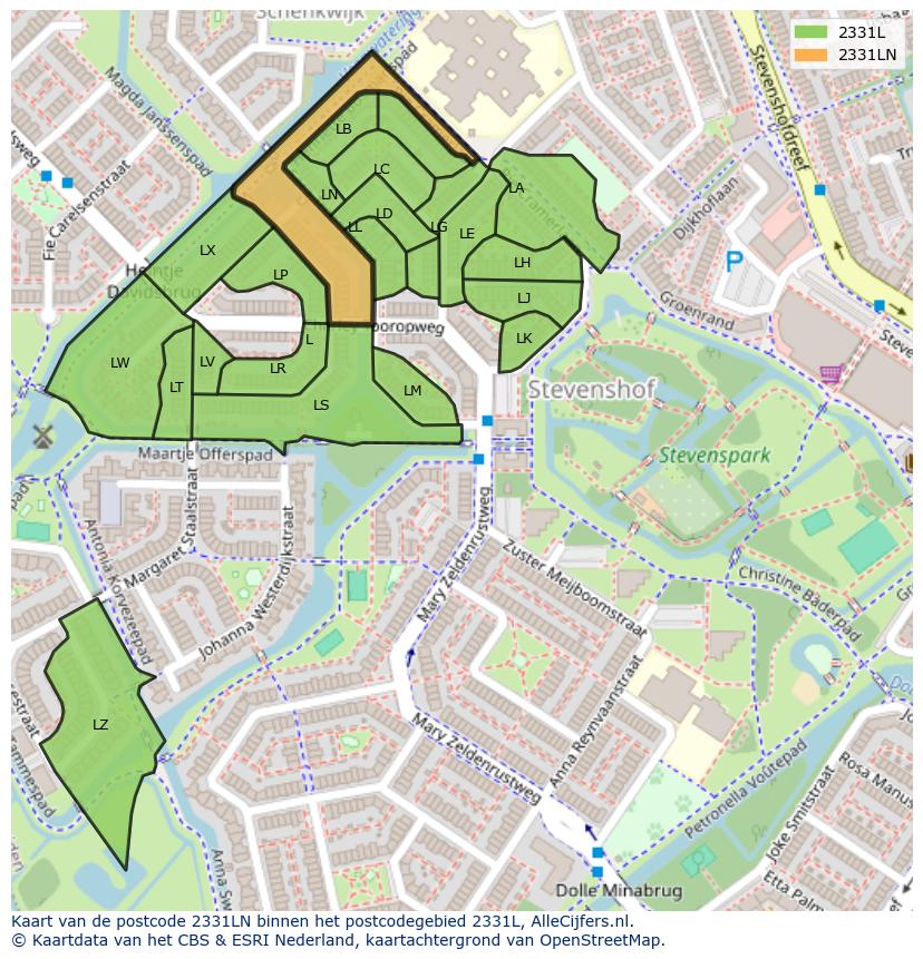 Afbeelding van het postcodegebied 2331 LN op de kaart.