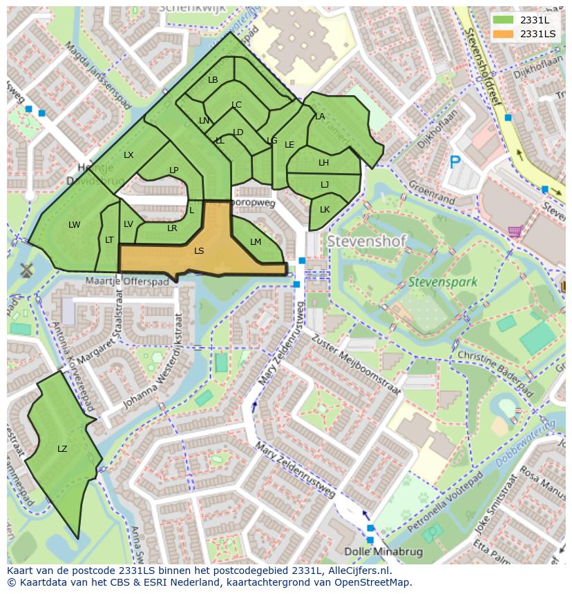 Afbeelding van het postcodegebied 2331 LS op de kaart.