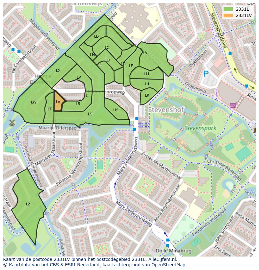 Afbeelding van het postcodegebied 2331 LV op de kaart.