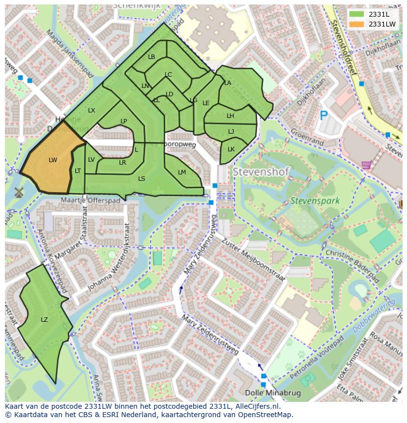 Afbeelding van het postcodegebied 2331 LW op de kaart.