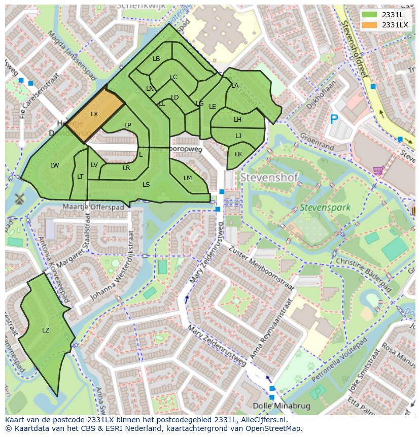 Afbeelding van het postcodegebied 2331 LX op de kaart.