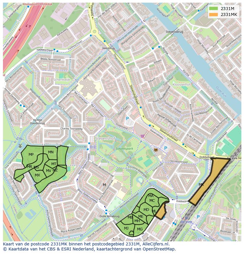Afbeelding van het postcodegebied 2331 MK op de kaart.