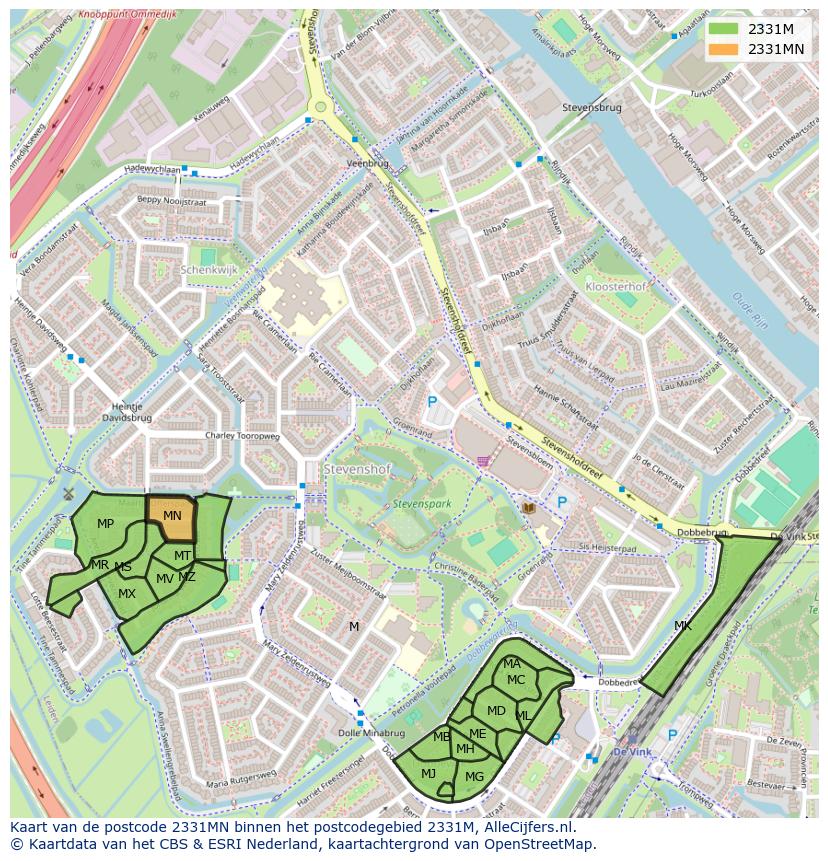 Afbeelding van het postcodegebied 2331 MN op de kaart.