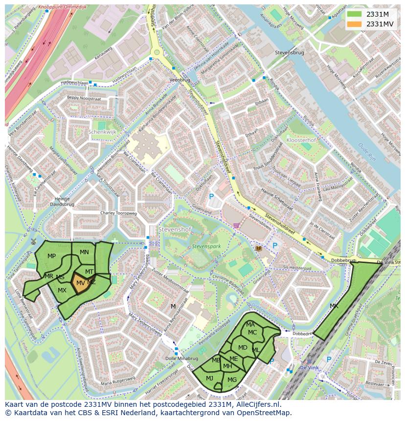 Afbeelding van het postcodegebied 2331 MV op de kaart.