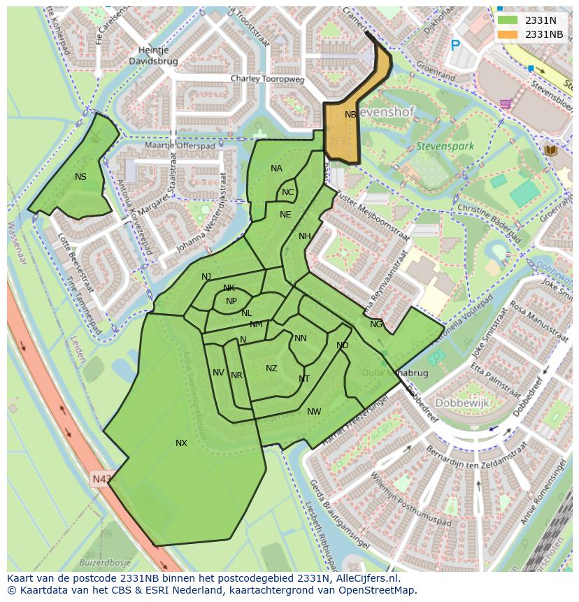 Afbeelding van het postcodegebied 2331 NB op de kaart.