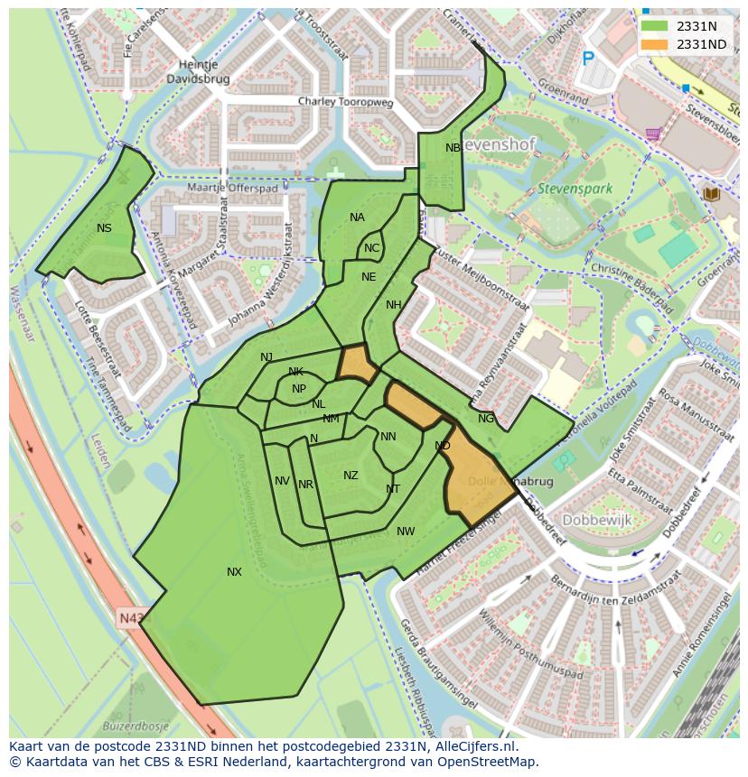 Afbeelding van het postcodegebied 2331 ND op de kaart.