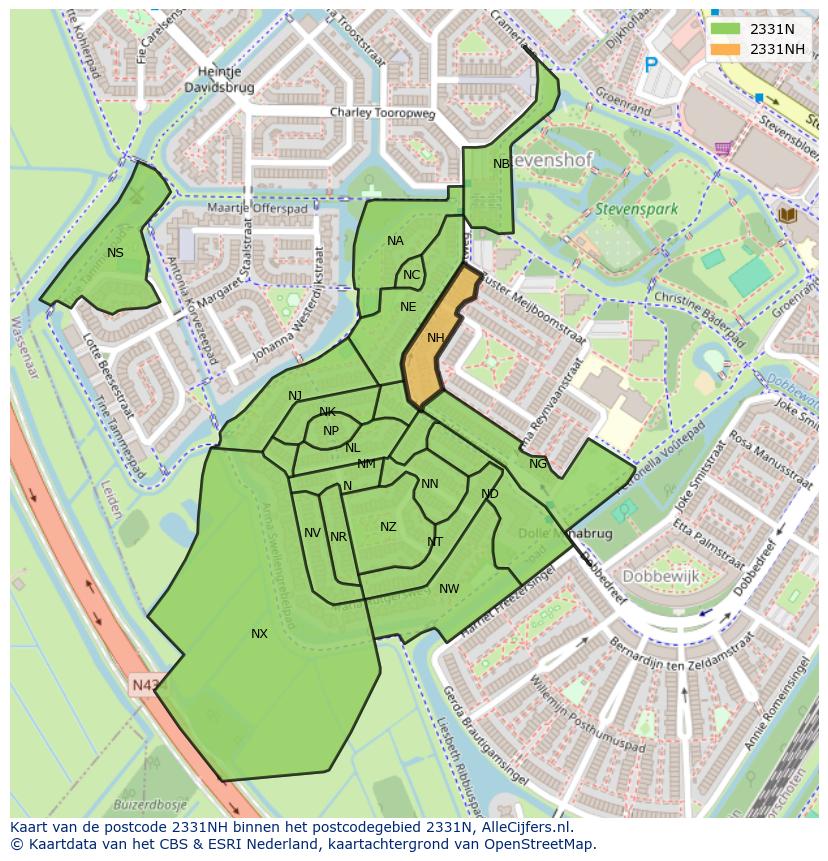 Afbeelding van het postcodegebied 2331 NH op de kaart.