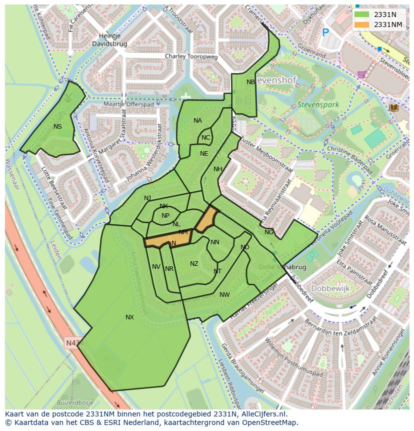 Afbeelding van het postcodegebied 2331 NM op de kaart.