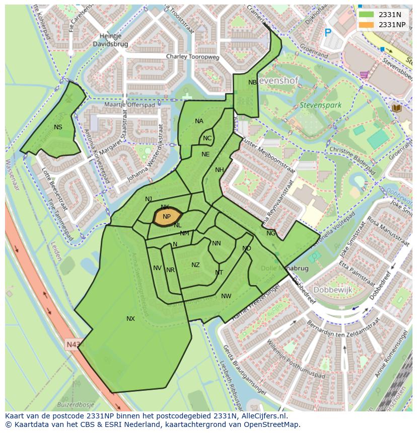 Afbeelding van het postcodegebied 2331 NP op de kaart.
