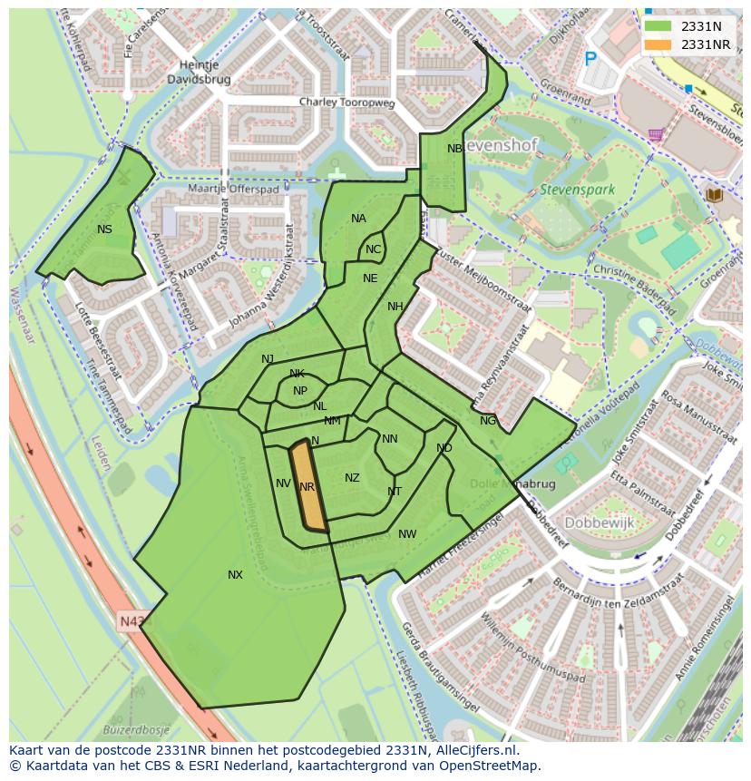 Afbeelding van het postcodegebied 2331 NR op de kaart.