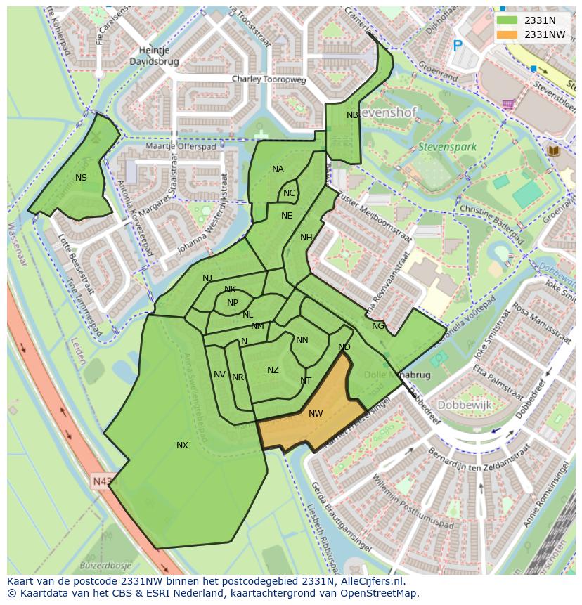Afbeelding van het postcodegebied 2331 NW op de kaart.