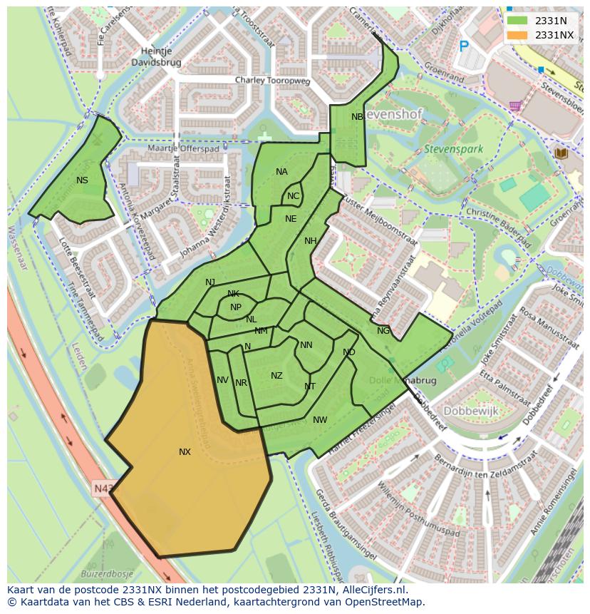 Afbeelding van het postcodegebied 2331 NX op de kaart.