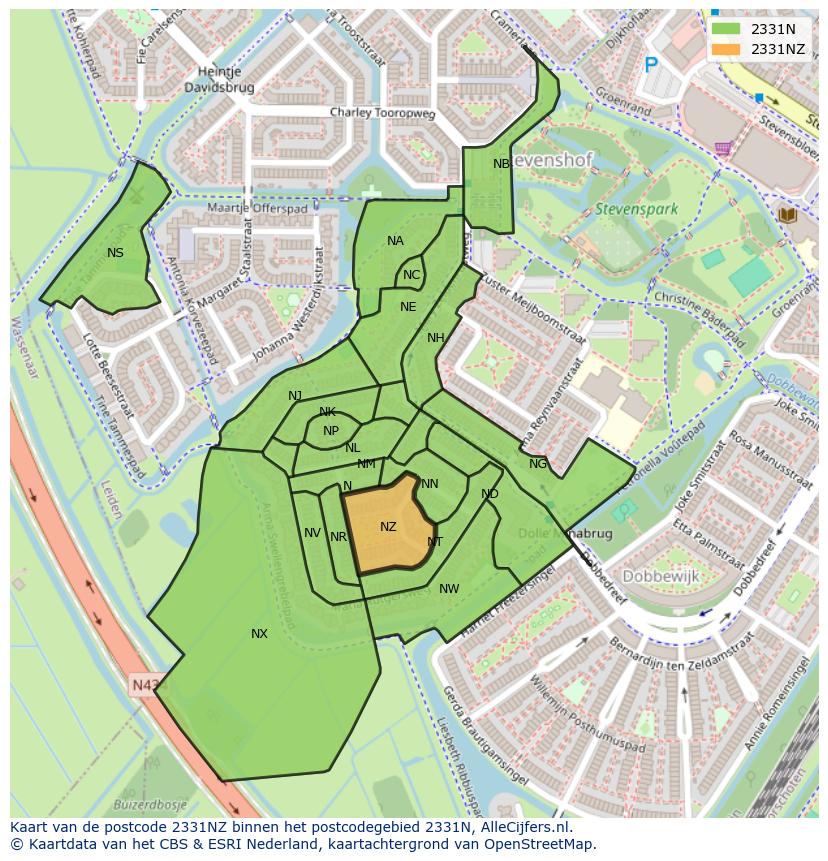 Afbeelding van het postcodegebied 2331 NZ op de kaart.