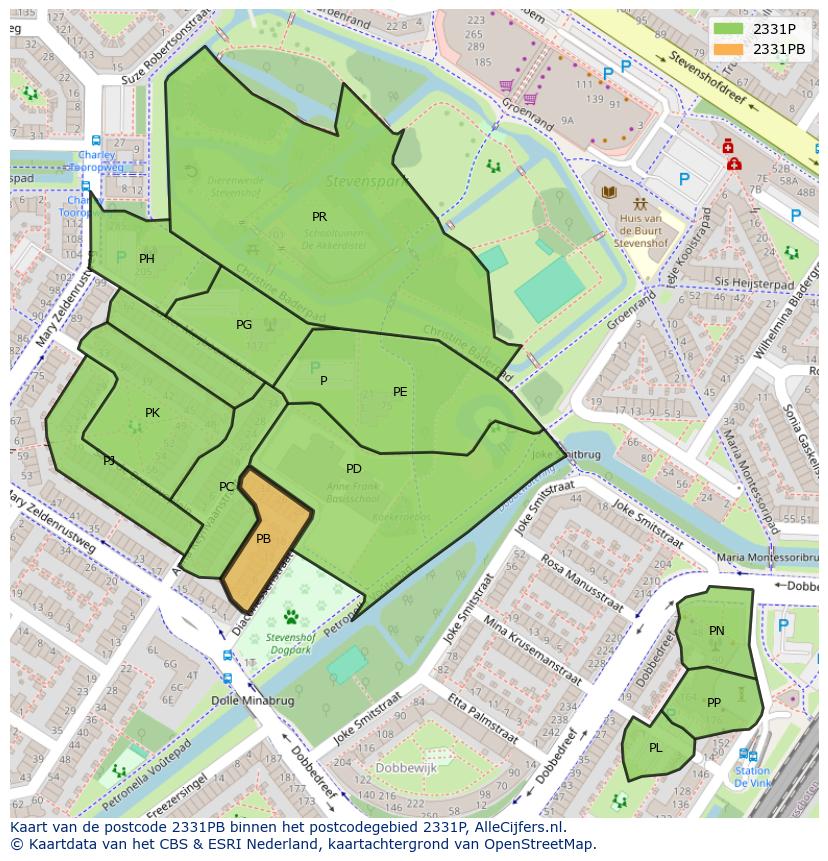 Afbeelding van het postcodegebied 2331 PB op de kaart.