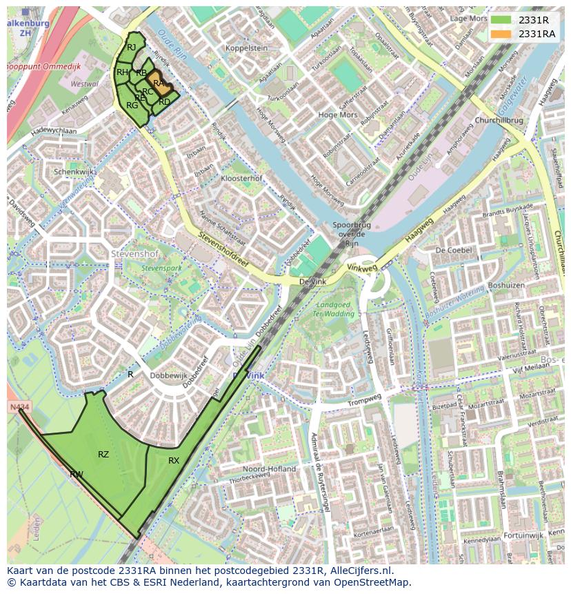 Afbeelding van het postcodegebied 2331 RA op de kaart.