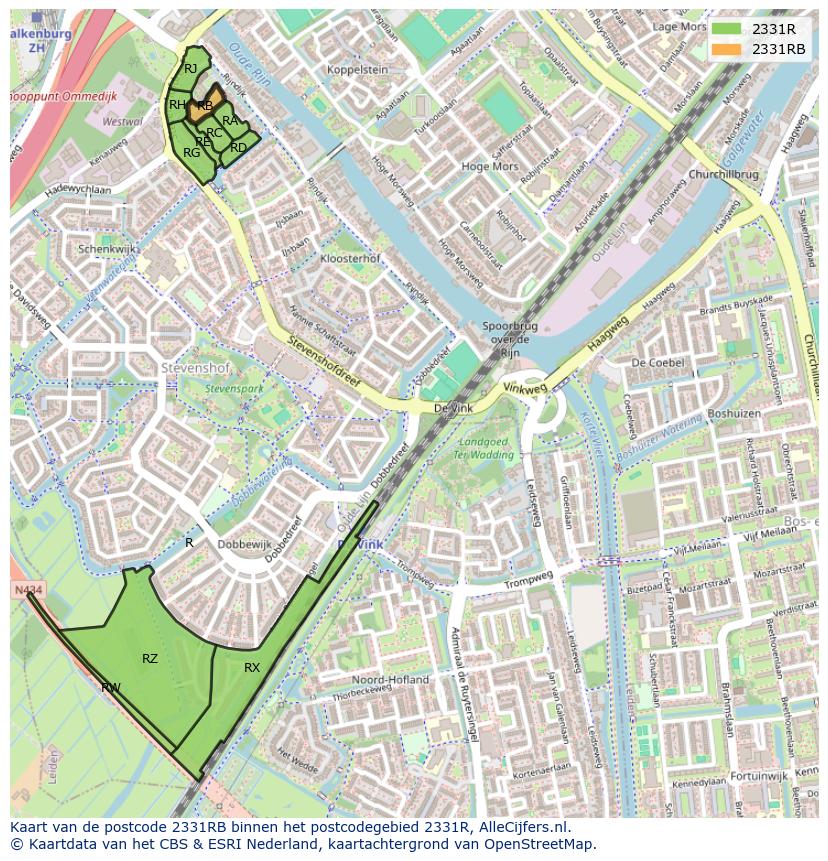Afbeelding van het postcodegebied 2331 RB op de kaart.