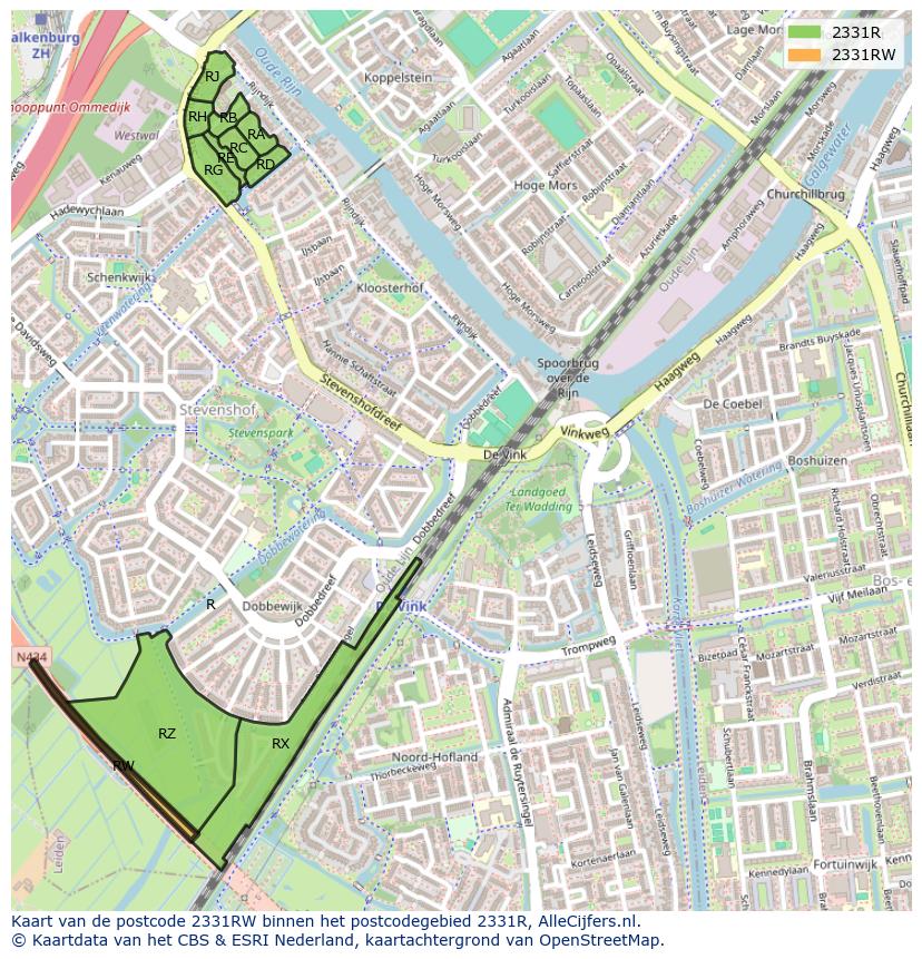 Afbeelding van het postcodegebied 2331 RW op de kaart.