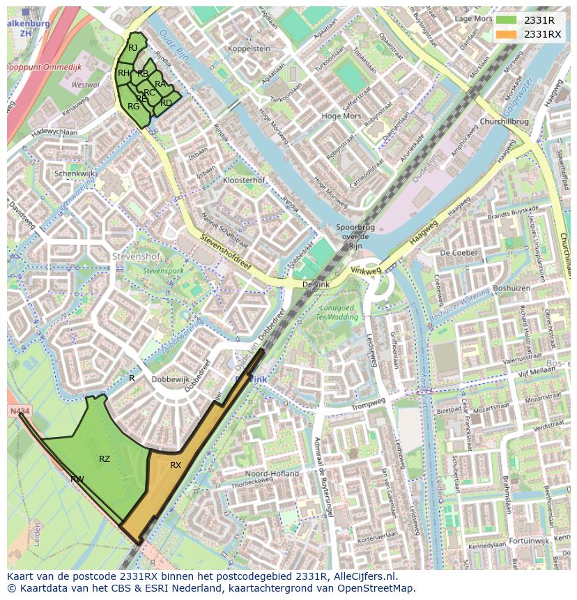 Afbeelding van het postcodegebied 2331 RX op de kaart.