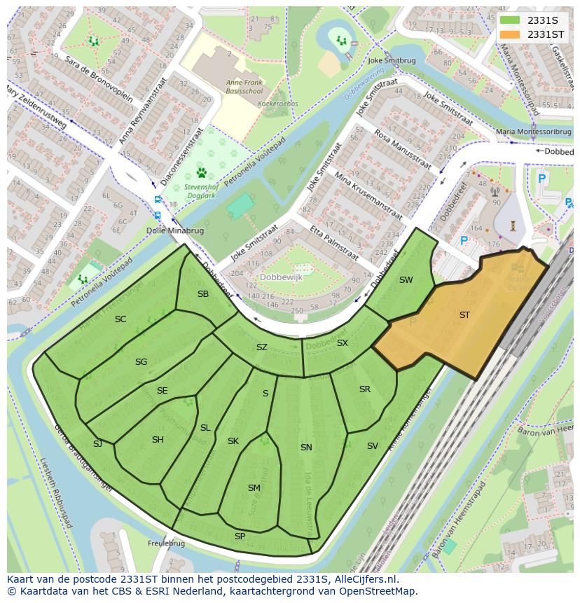 Afbeelding van het postcodegebied 2331 ST op de kaart.