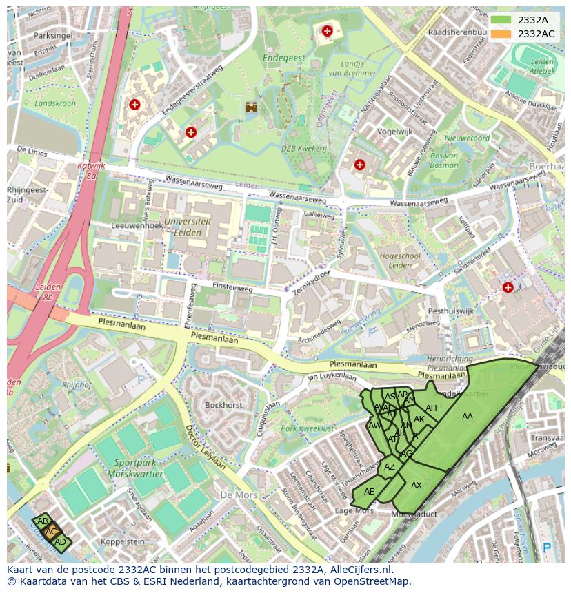Afbeelding van het postcodegebied 2332 AC op de kaart.