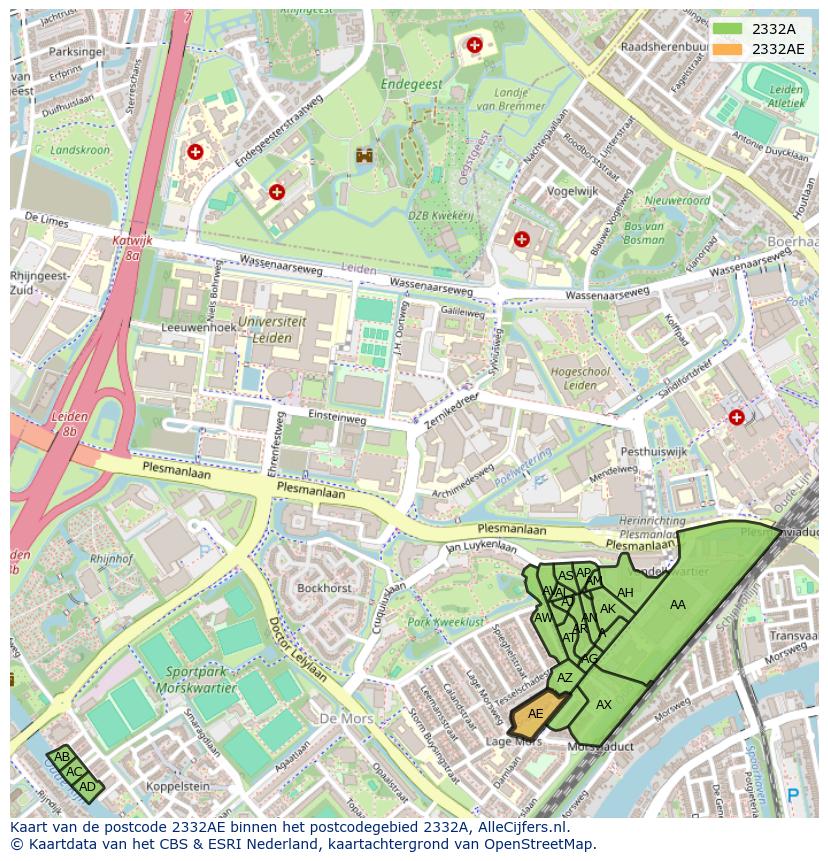 Afbeelding van het postcodegebied 2332 AE op de kaart.