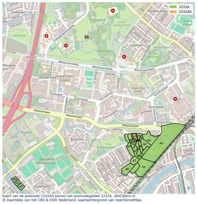Afbeelding van het postcodegebied 2332 AS op de kaart.