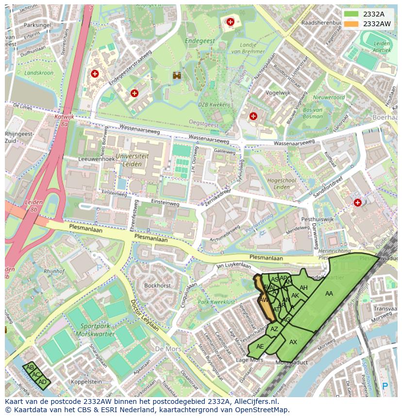 Afbeelding van het postcodegebied 2332 AW op de kaart.