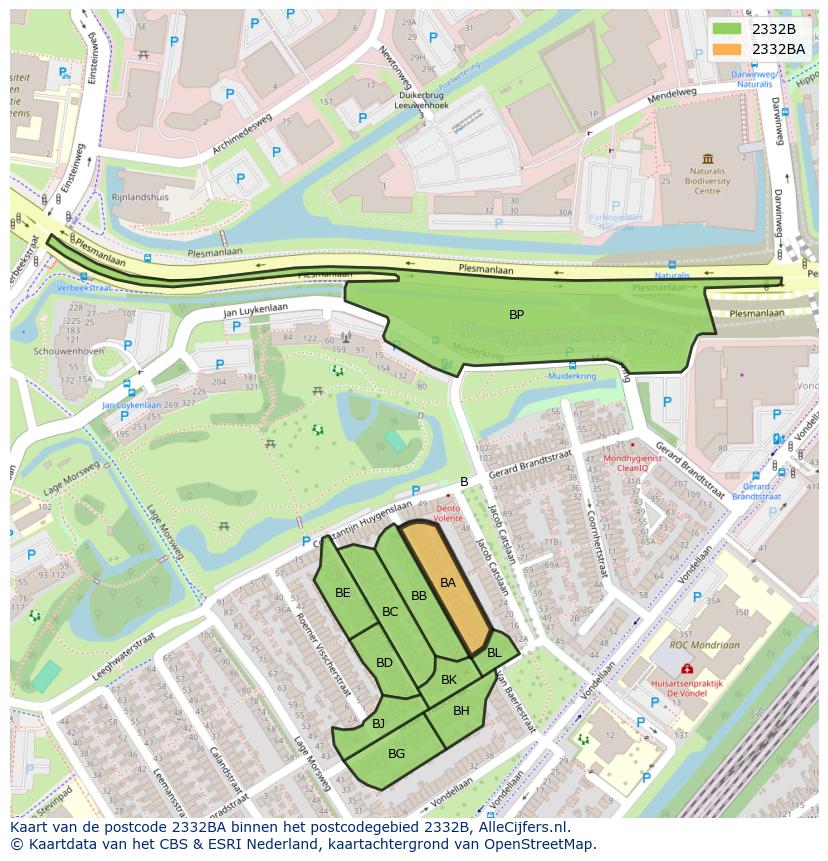 Afbeelding van het postcodegebied 2332 BA op de kaart.