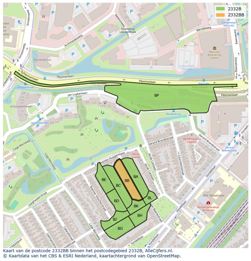 Afbeelding van het postcodegebied 2332 BB op de kaart.