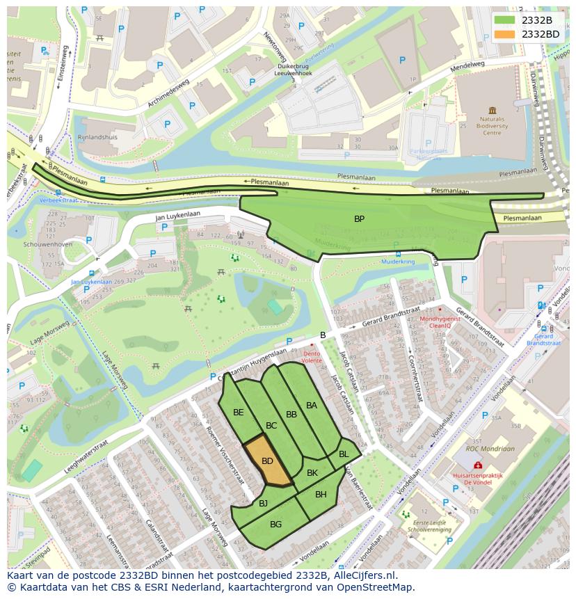 Afbeelding van het postcodegebied 2332 BD op de kaart.
