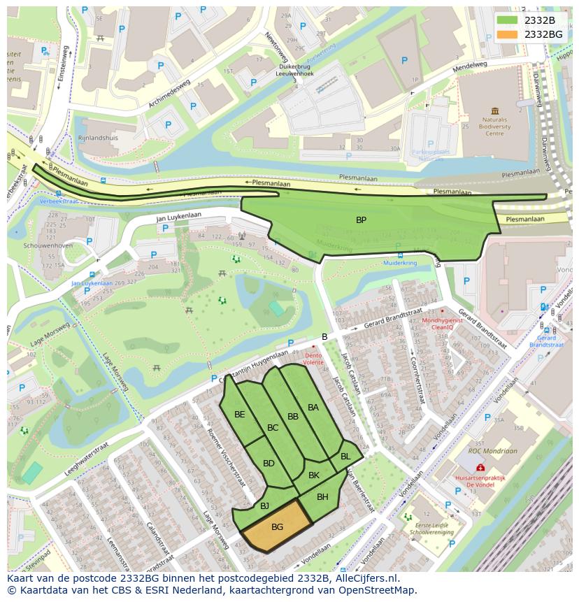 Afbeelding van het postcodegebied 2332 BG op de kaart.
