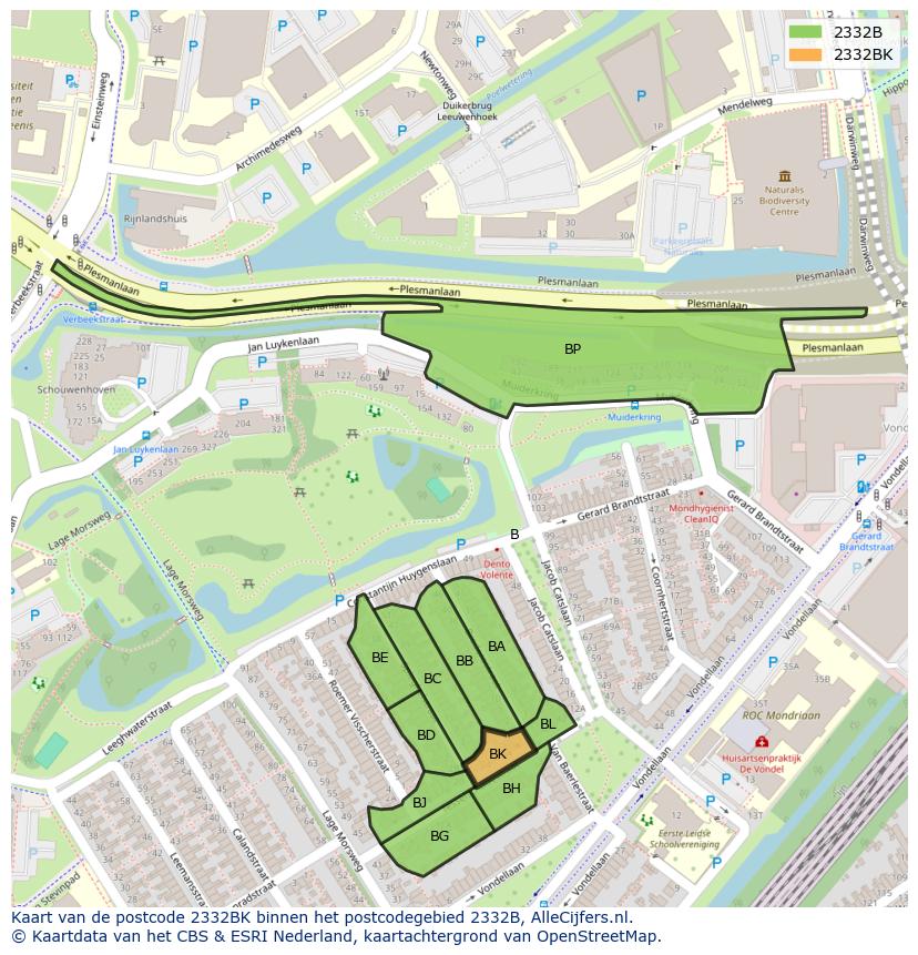 Afbeelding van het postcodegebied 2332 BK op de kaart.