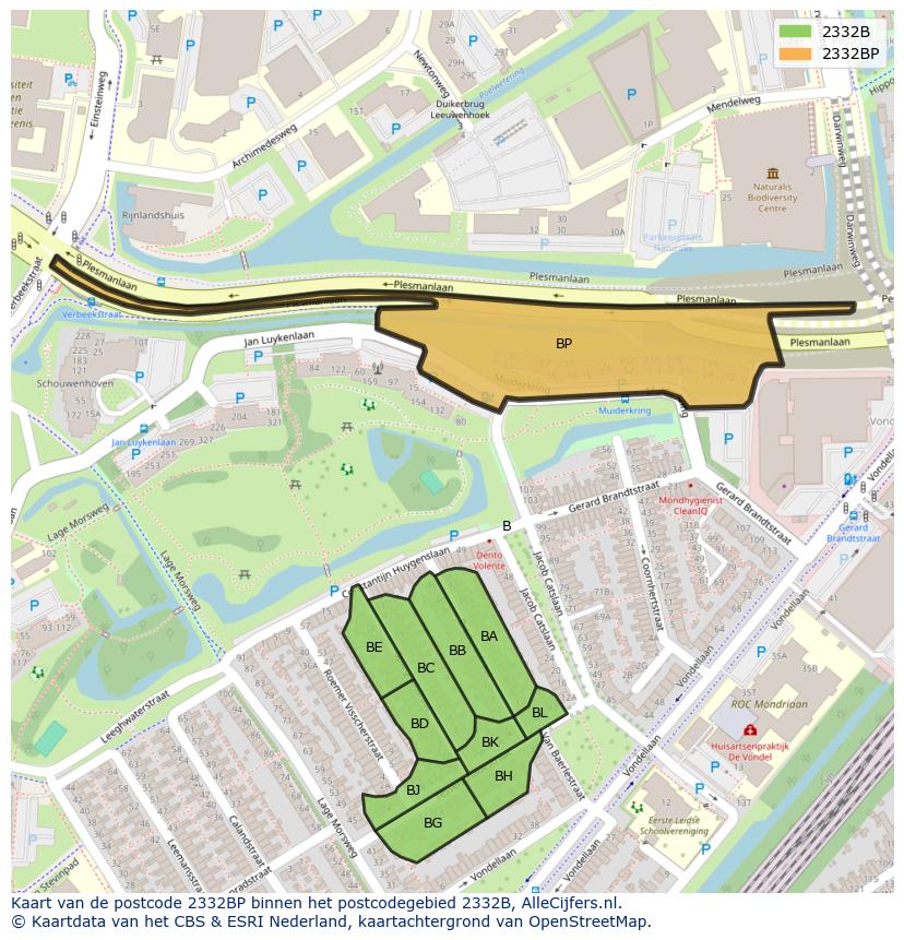 Afbeelding van het postcodegebied 2332 BP op de kaart.