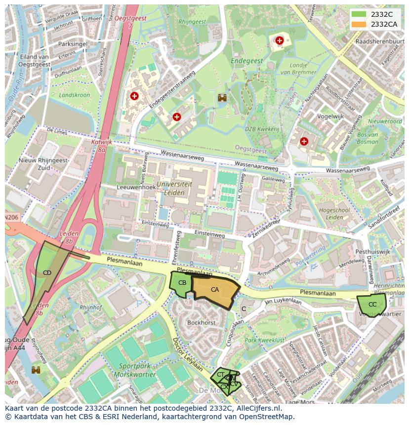 Afbeelding van het postcodegebied 2332 CA op de kaart.